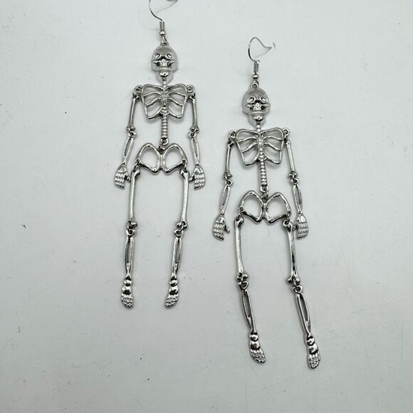 Halloween Skeleton Long Dangle Earrings Silver Tone 5” - Picture 2 of 5